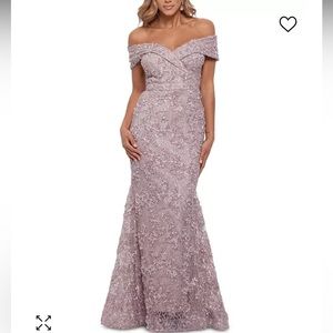XSCAPE off the shoulder embroidered gown 4 taupe nude pink lace maxi
